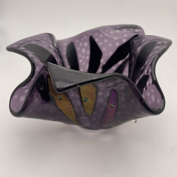 Art Glass Iridescent Dichroic Purple Folded HANDKERCHIEF Vase Bowl Studio Beaded - Picture 4 of 12
